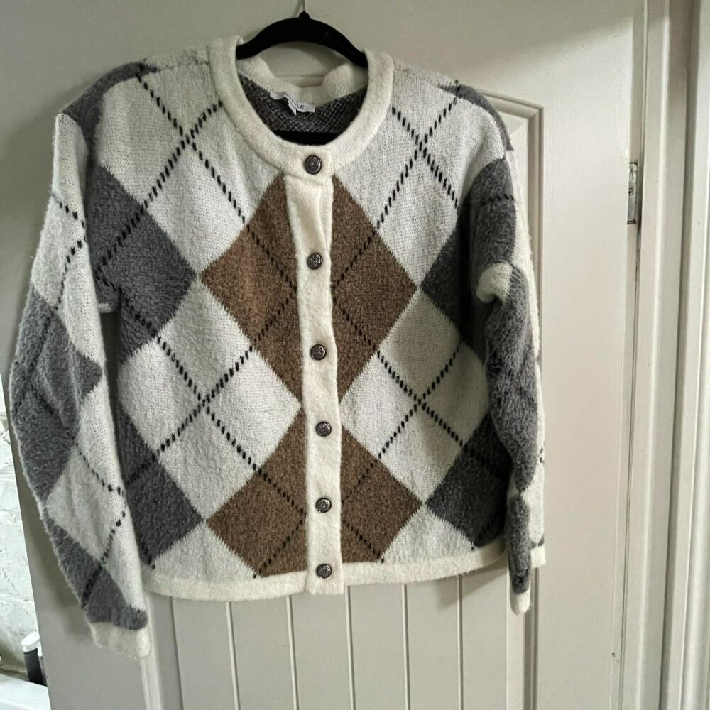 ARGYLE FUZZY COZY KNIT, PREPPY, BUTTON DOWN CARDIGAN WOMEN SMALL